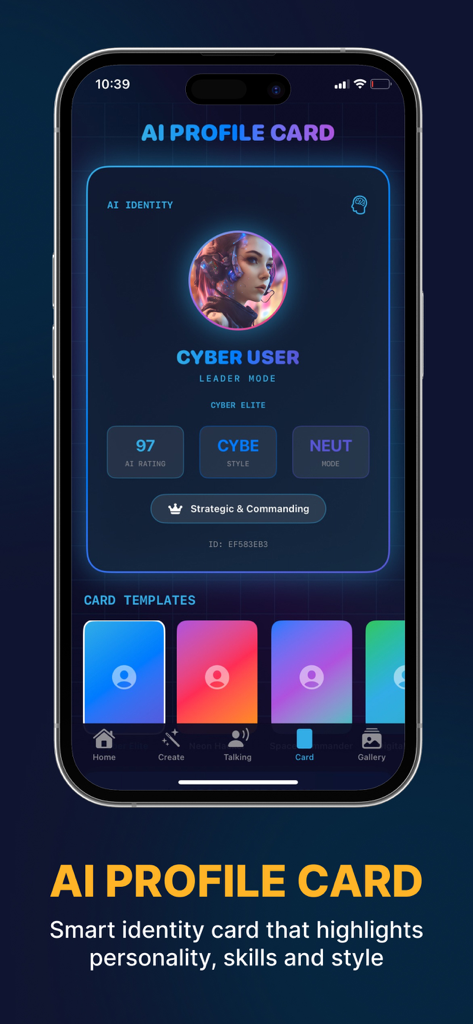 Ai Avatar Pro - Ai Avatar Pro app screen showing an AI profile card with a cyber avatar and personality traits