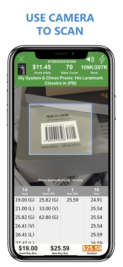 Interfaz de la aplicación Scoutly que muestra el escaneo de código de barras de un libro con datos de beneficios y rango de ventas de Amazon FBA en tiempo real.
