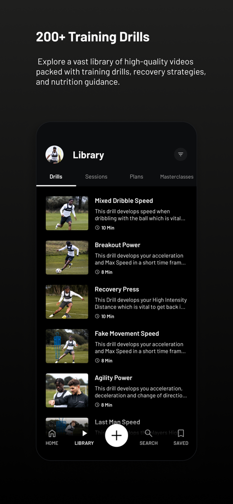 STATSports app interface displaying a library of over 200 professional soccer training drills with video guides.