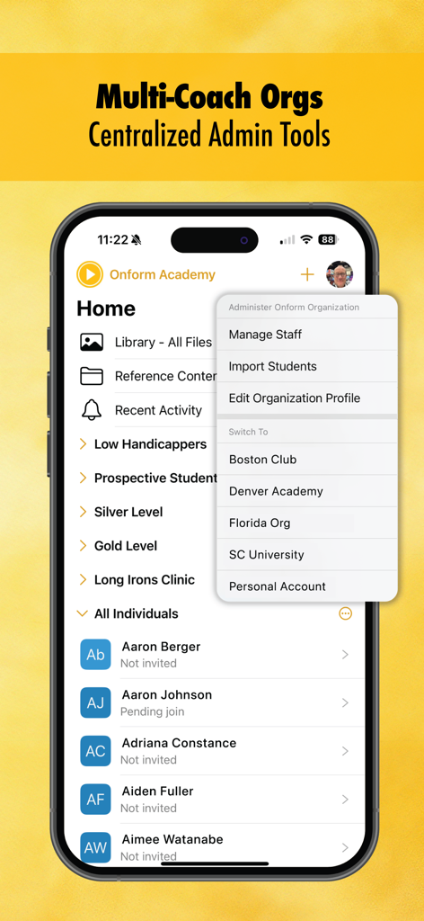 Onform app interface showing centralized admin tools for sports academies and multi-coach organizations