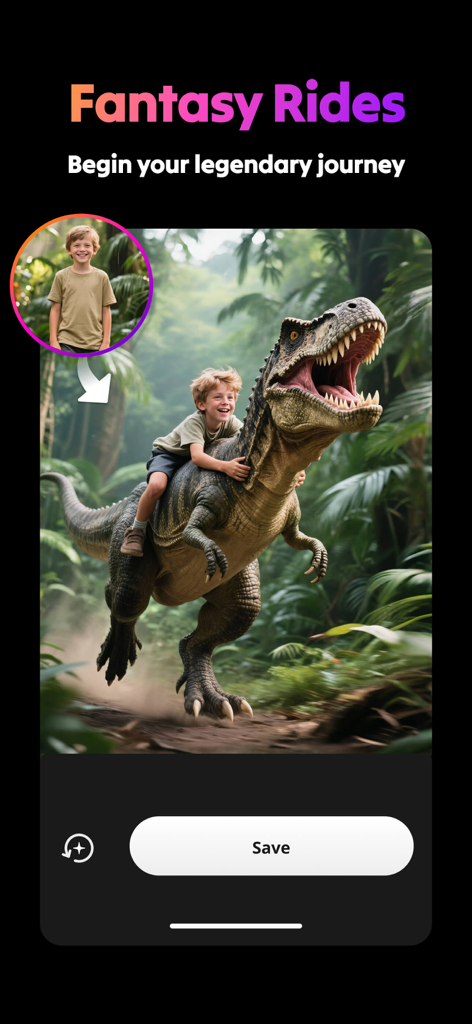 Un niño montando un T-Rex en una jungla a través de la generación de imágenes IA