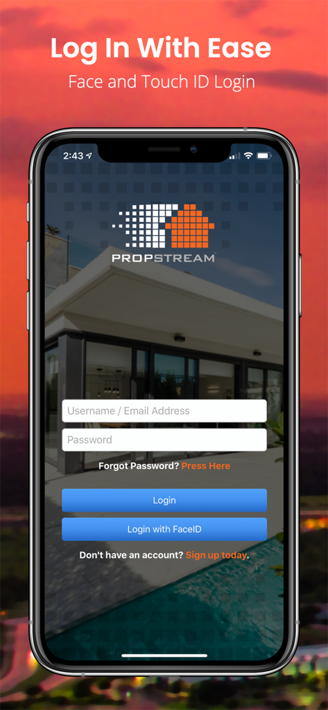 PropStream - PropStream app login screen with Face ID and Touch ID options