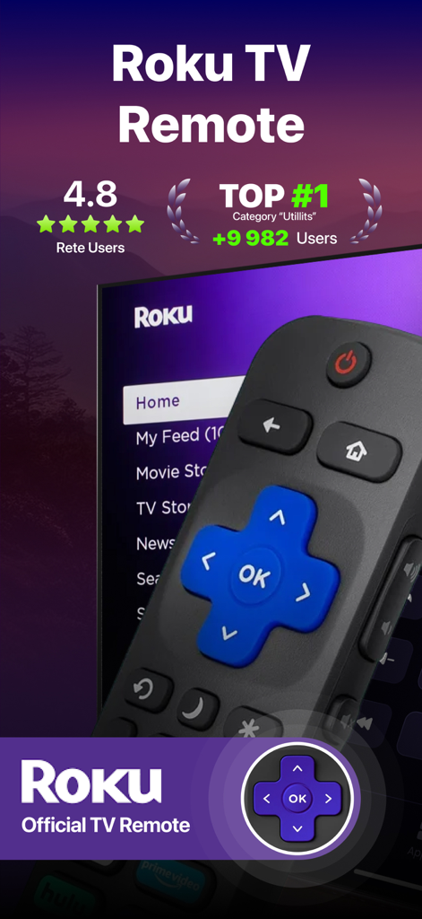 Interfaccia dell'app di controllo remoto per Roku TV che mostra una valutazione di 4,8 stelle e il primo posto nella categoria utility.