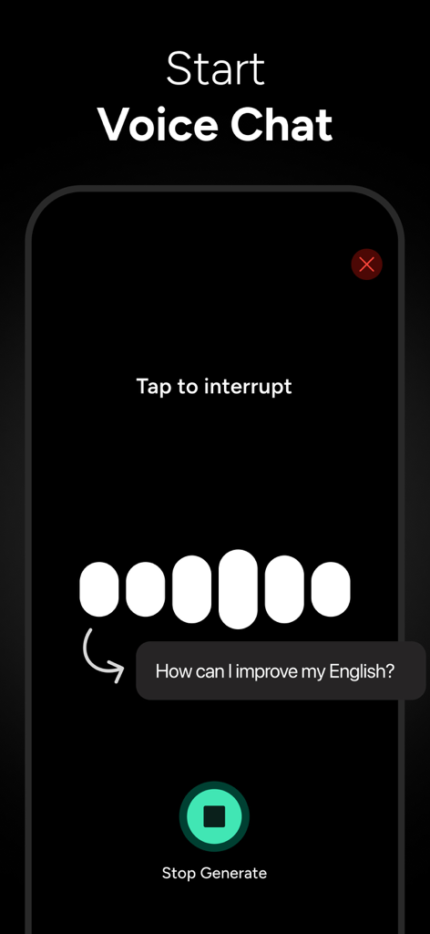 Genie AI assistant voice chat screen showing a user asking how to improve English with a voice waveform.