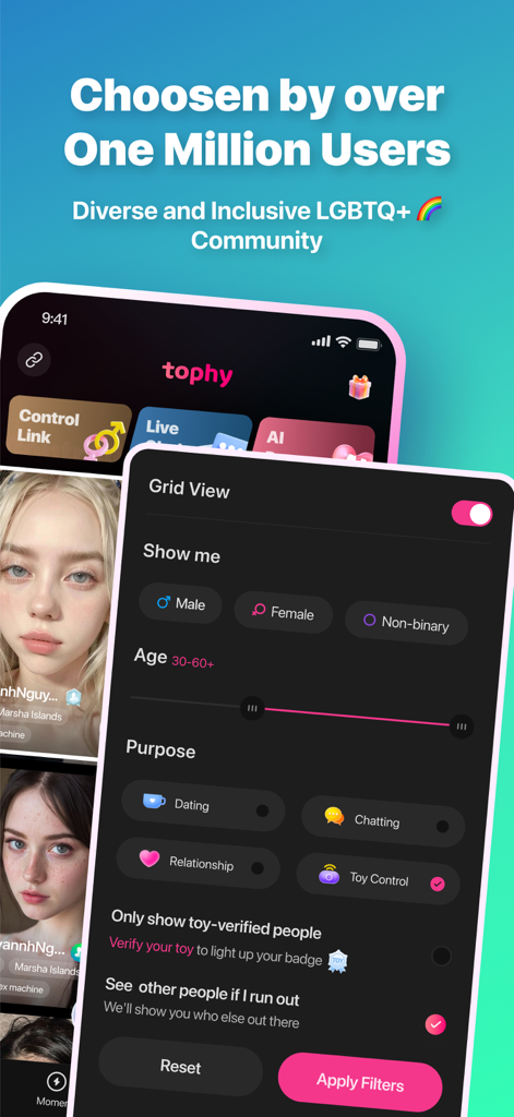 Tophy app interface displaying inclusive search filters for gender age and toy control functionality