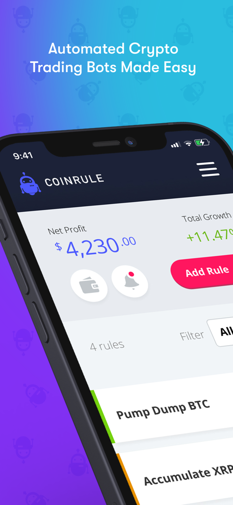 Coinrule Crypto Trading Bot - Panel de la aplicación móvil Coinrule mostrando el beneficio neto y las reglas de trading automatizadas.