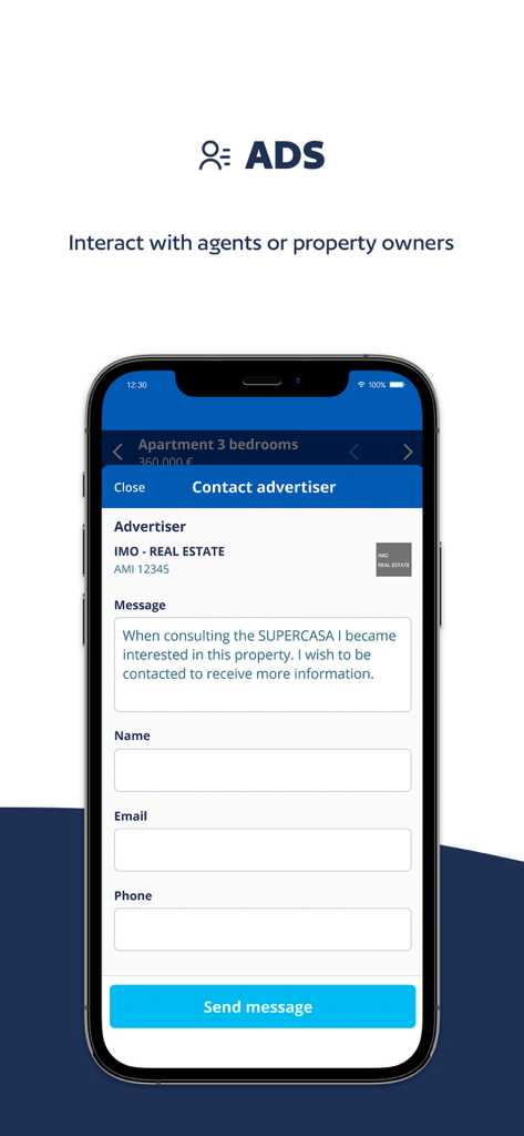 SUPERCASA - Mobile app screen showing a contact form to reach real estate agents or property owners on SUPERCASA