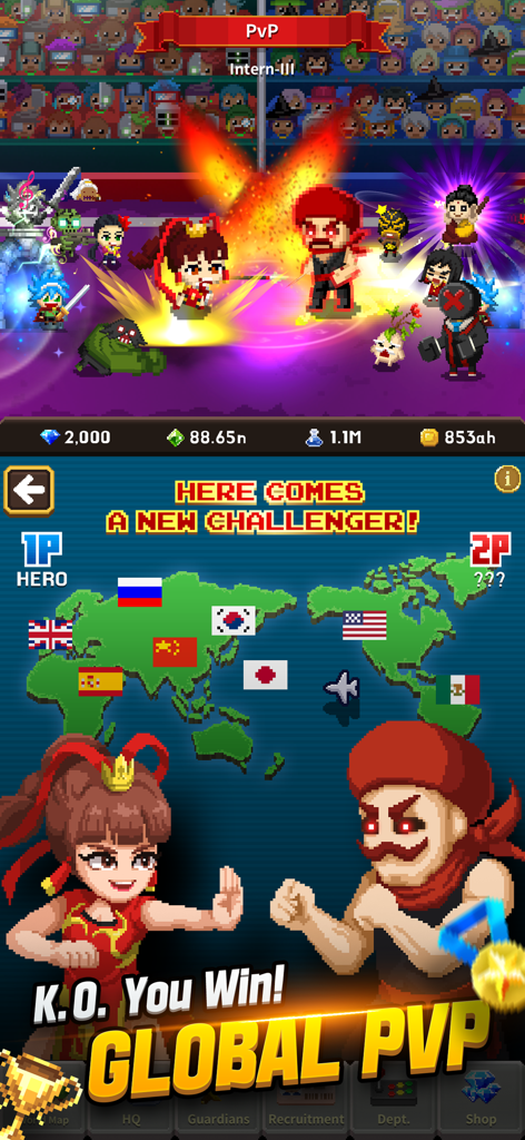 Global PVP battle screen in Videogame Guardians showing pixel art characters and a world map with international flags