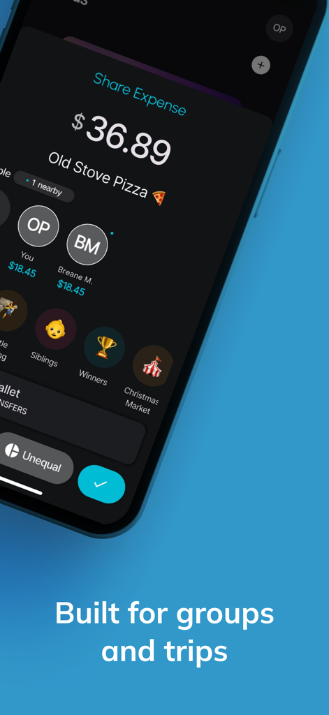 Chipp - Chipp app screen showing a thirty six dollar pizza bill split evenly between two friends with options for different social groups.
