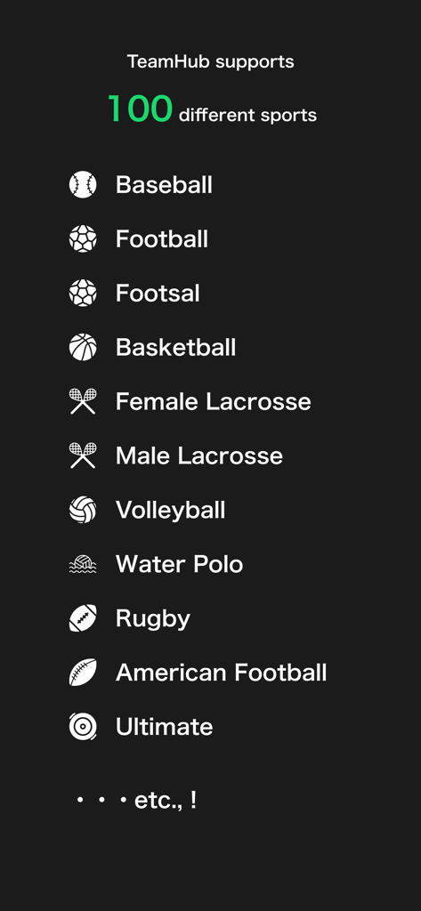 A list showing TeamHub supports 100 different sports including baseball, football, and lacrosse.