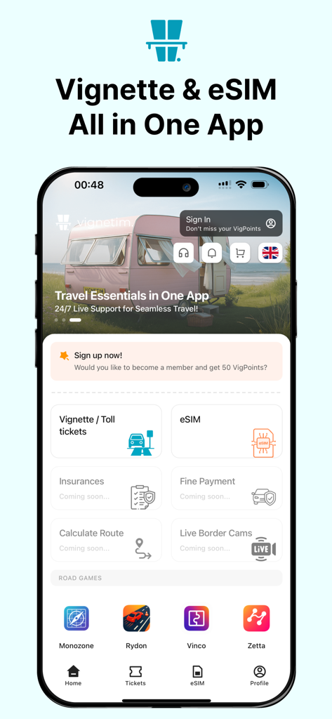 Vignetim | Vignette & eSIM - Vignetim app home screen displaying services for road trip vignettes and travel eSIMs