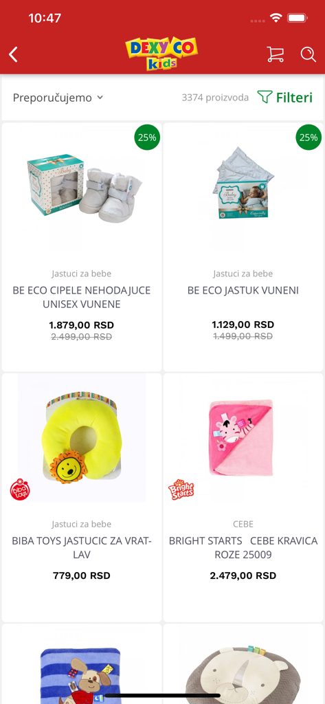 Dexy Co - A product listing screen from the Dexy Co kids mobile app featuring baby shoes, pillows, and blankets with price details.