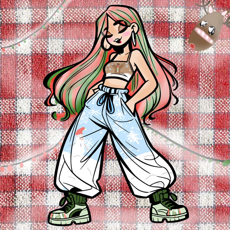 girl in baggy pants crop top and long hair