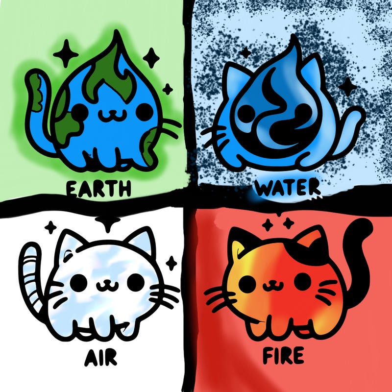 4 cats that represent the different elements, earth, water, air, and fire