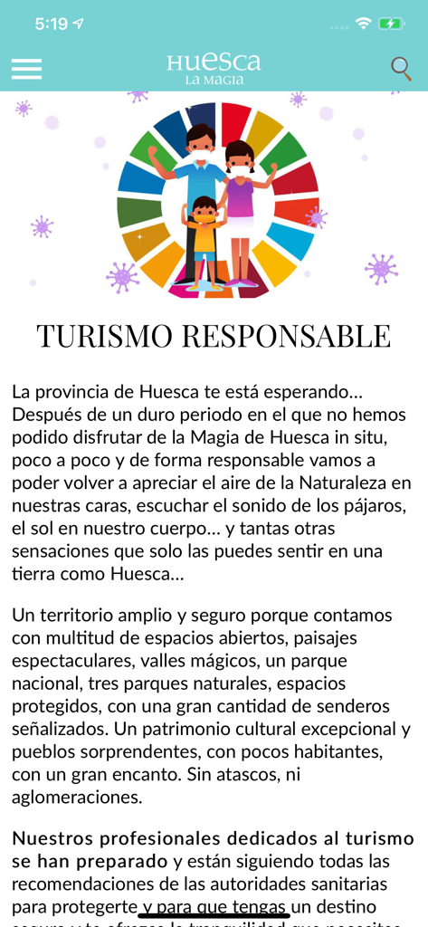 Huesca La Magia - Una schermata dall'app Huesca La Magia sul turismo responsabile e sull'esplorazione della natura nella provincia.