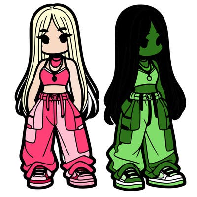 girl in baggy pants crop top and long hair