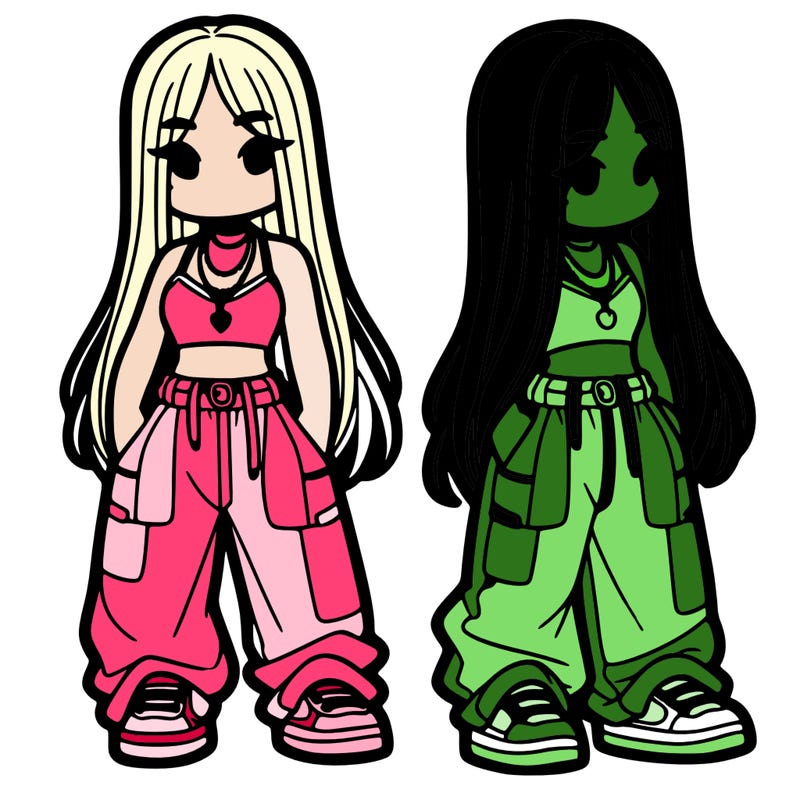 girl in baggy pants crop top and long hair