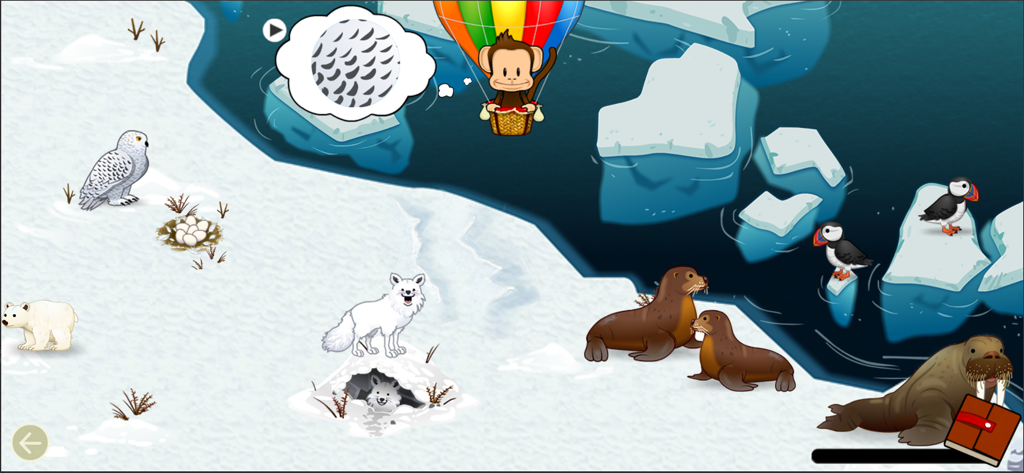 Monkey Preschool Animals - Monkey Milo in a hot air balloon exploring an Arctic landscape with a polar bear arctic fox and walrus