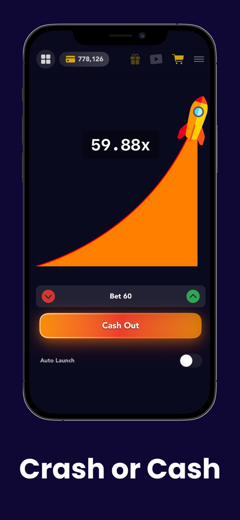 Crash or Cash lucky casino gameplay showing a rocket with a high multiplier and cash out button