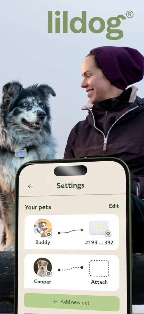 Lildog - Lildog app interface showing the settings screen for managing pet tracking devices