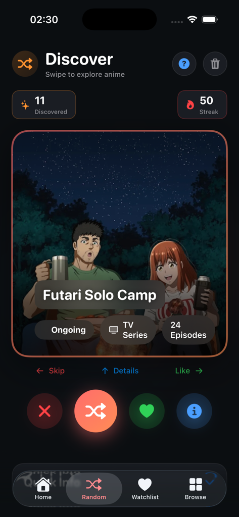 AnimePlanet : Watch Anime - L'écran de découverte de l'application AnimePlanet présentant une interface de glissement pour trouver de nouvelles séries comme Futari Solo Camp