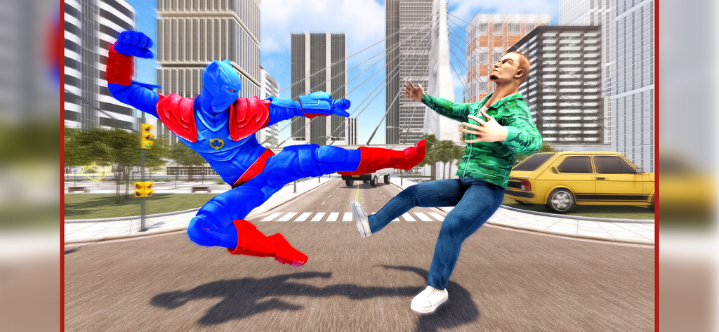 Superhero Fight:Mad City Story - A blue and red superhero performs a flying kick against an opponent on a city street