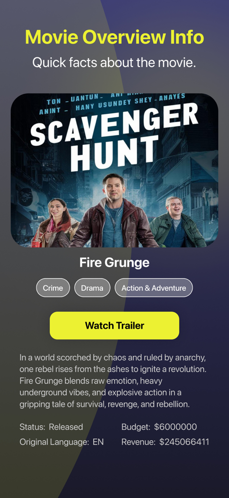 MovieBox : Movie & TV Show - Schermata di panoramica dettagliata del film con pulsante trailer e sinossi
