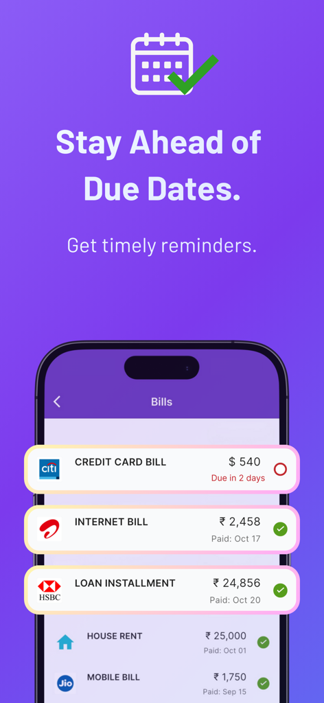 FinArt app interface showing bill payment tracking and upcoming due date reminders