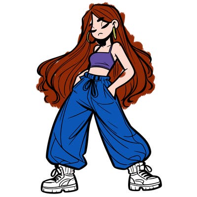 girl in baggy pants crop top and long hair