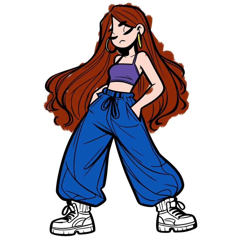 girl in baggy pants crop top and long hair