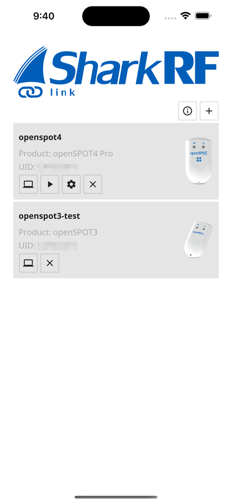 SharkRF Link app interface showing a list of connected openSPOT digital radio hotspots