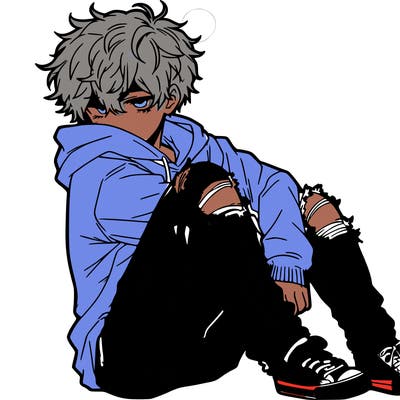 a male hoddie ripped jeans messy hair anime