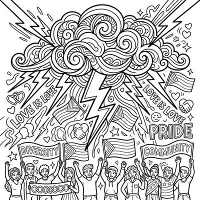 Dive into a powerful celebration of diversity and community with this unique 'Booming Thunder' themed Pride coloring page. This intricate design features a dynamic storm cloud, lightning bolts, and joyful individuals holding banners and flags of unity and love.