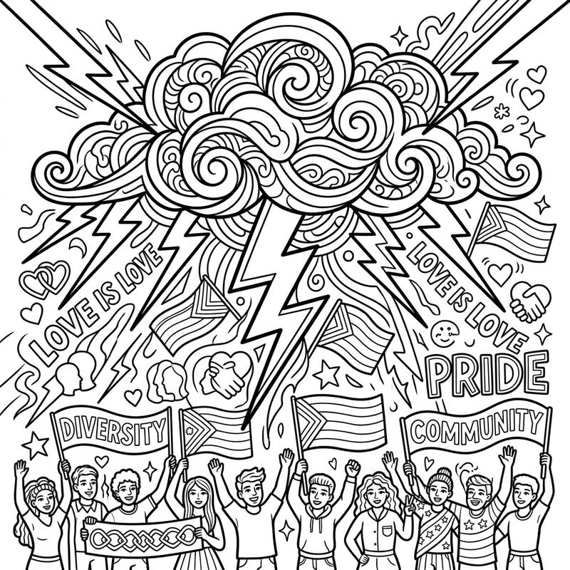 Dive into a powerful celebration of diversity and community with this unique 'Booming Thunder' themed Pride coloring page. This intricate design features a dynamic storm cloud, lightning bolts, and joyful individuals holding banners and flags of unity and love.