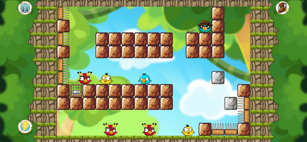스파이 돼지와 사악한 닭이 퍼즐 레벨에 나오는 '헝그리 피기 vs 치킨'의 게임 플레이 스크린샷