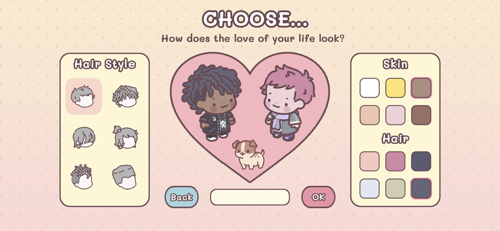 Pocket Love! - Uma tela de personalização de personagem em Pocket Love mostrando opções de estilo de cabelo, cor de pele e cor de cabelo para um parceiro virtual.