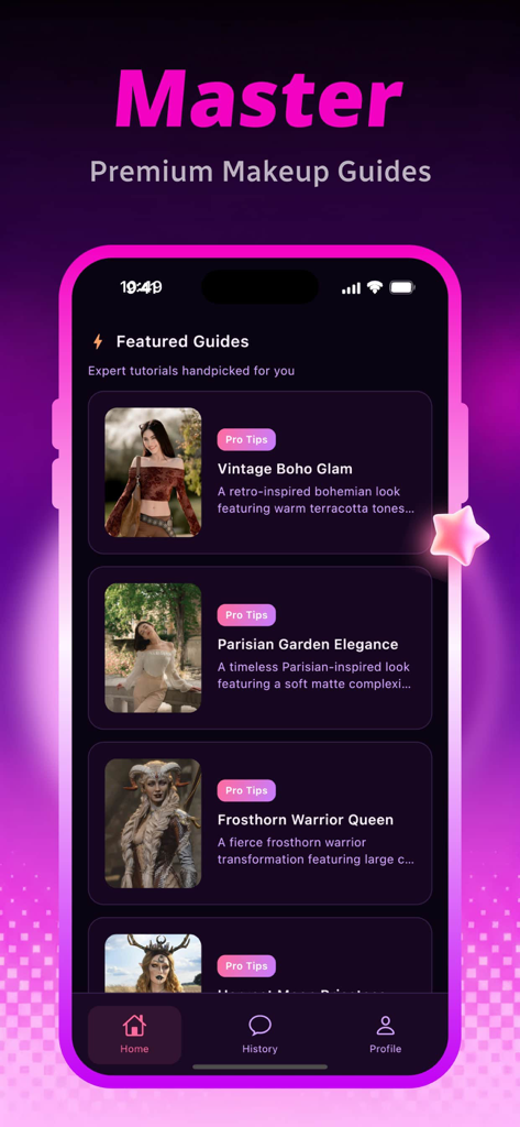 Slink - Chat, Enjoy - A list of featured makeup guides in the Slink app including Vintage Boho Glam and Frosthorn Warrior Queen.