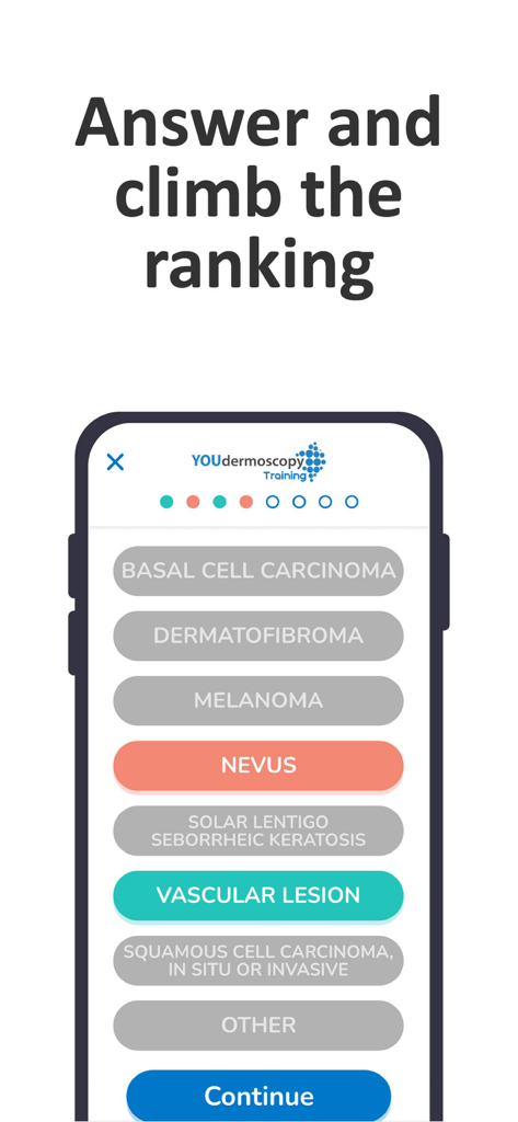YOUdermoscopy - Interfaz de la aplicación móvil YOUdermoscopy que muestra un cuestionario de entrenamiento para identificar lesiones cutáneas