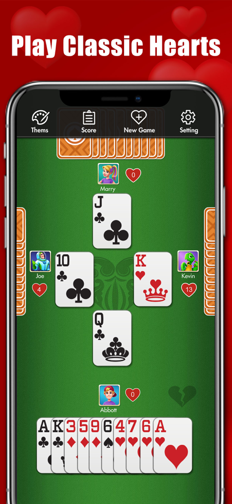 Gameplay di Hearts Classic Card Games che mostra una partita a quattro giocatori su un tavolo verde