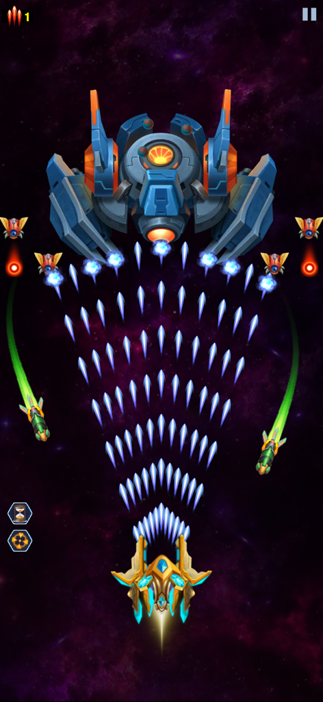 Galaxy Invaders - Space Attack - Vaisseau spatial du joueur combattant un grand boss dans Galaxy Invaders Space Attack.
