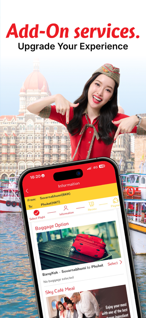 Vietjet Thailand - ベトジェットタイモバイルアプリの受託手荷物および食事追加サービス選択画面