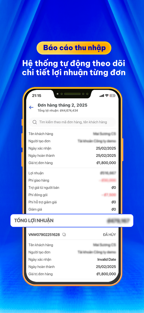 Tela detalhada de relatório de receita e lucro do negócio no aplicativo móvel Droppii Biz mostrando rastreamento automatizado de pedidos.