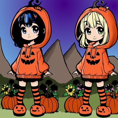 pretty anime girl with medium length hair wearing a jack-o'-lantern hoodie with a stem on top of her head halloween leggings and cute pumpkin slippers on her feet and she's standing in a pumpkin patch