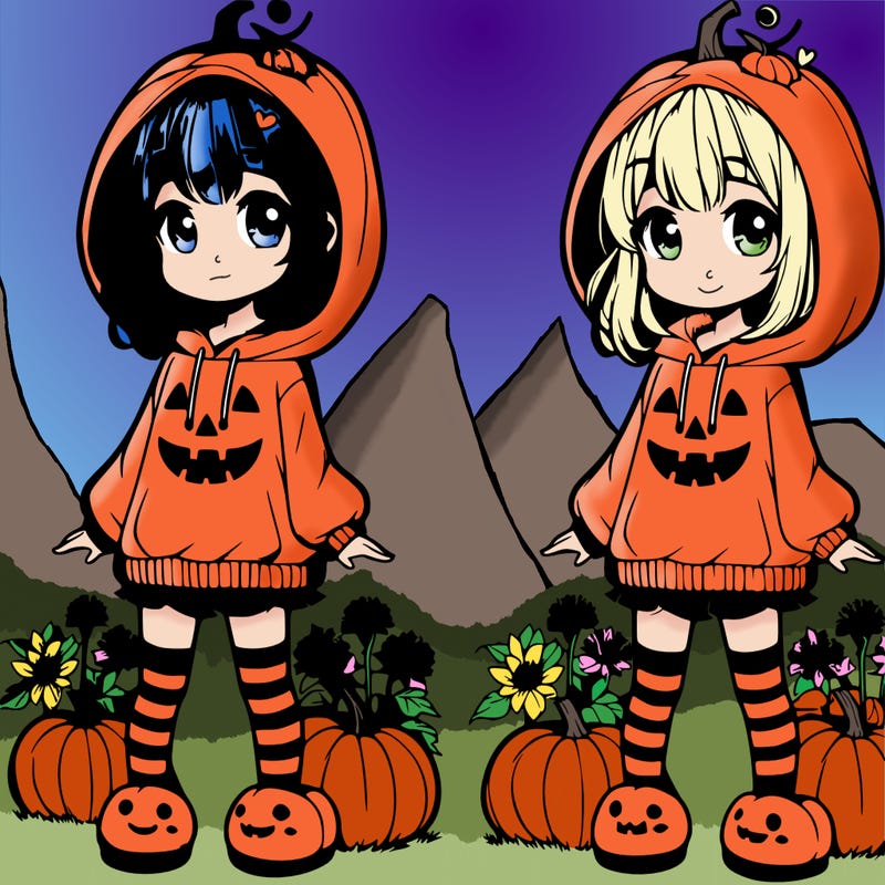 pretty anime girl with medium length hair wearing a jack-o'-lantern hoodie with a stem on top of her head halloween leggings and cute pumpkin slippers on her feet and she's standing in a pumpkin patch