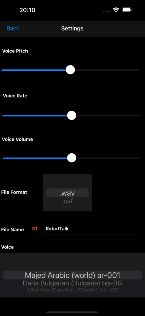 Robot Talk - Robot Talk app settings interface showing sliders for voice pitch, rate, and volume with file export options