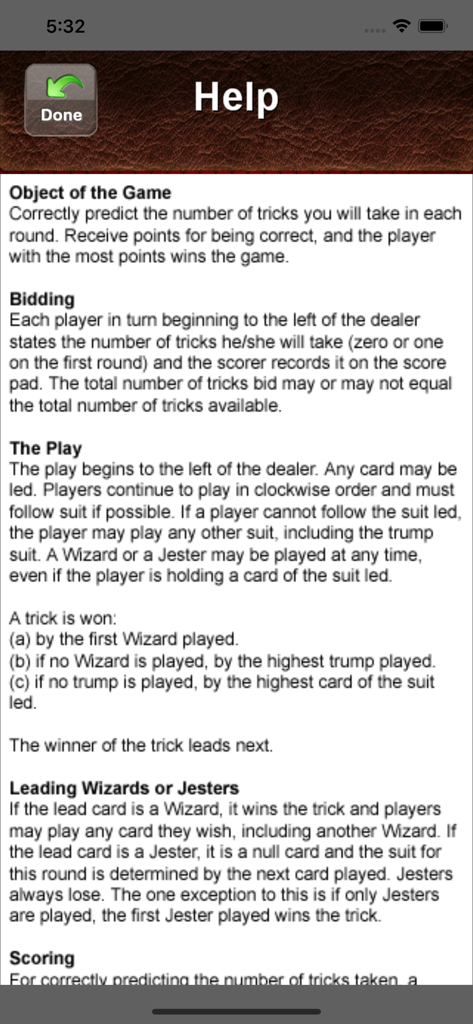 Tela de ajuda detalhada mostrando as regras e instruções para jogar o jogo de cartas Wizard