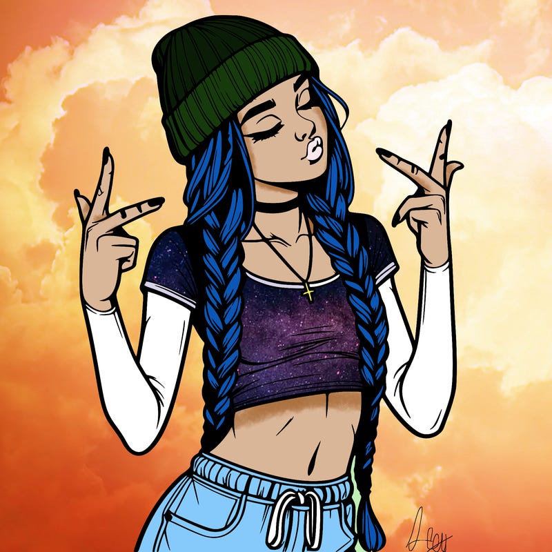 realistic teenage girl with braids and a beanie and crop top doing 🫶🏼