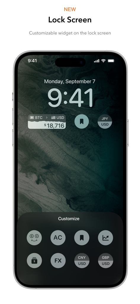 Schermata di blocco dell'iPhone con widget Currenzy personalizzabili per i tassi di cambio da BTC a USD e da JPY a USD