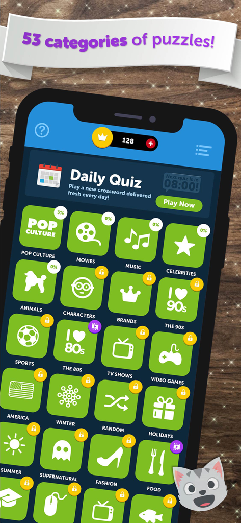 Crossword Quiz - Word Puzzles! - Screenshot of the Crossword Quiz app showing various puzzle categories like pop culture movies and music