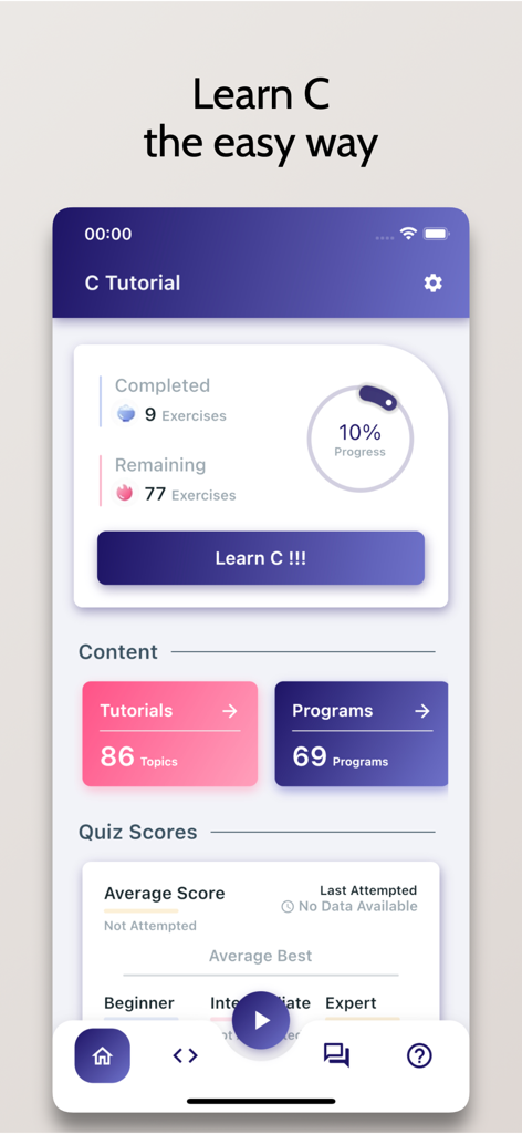 Learn C - OnePercent - Dashboard of the Learn C app showing user progress, tutorials, and quiz scores